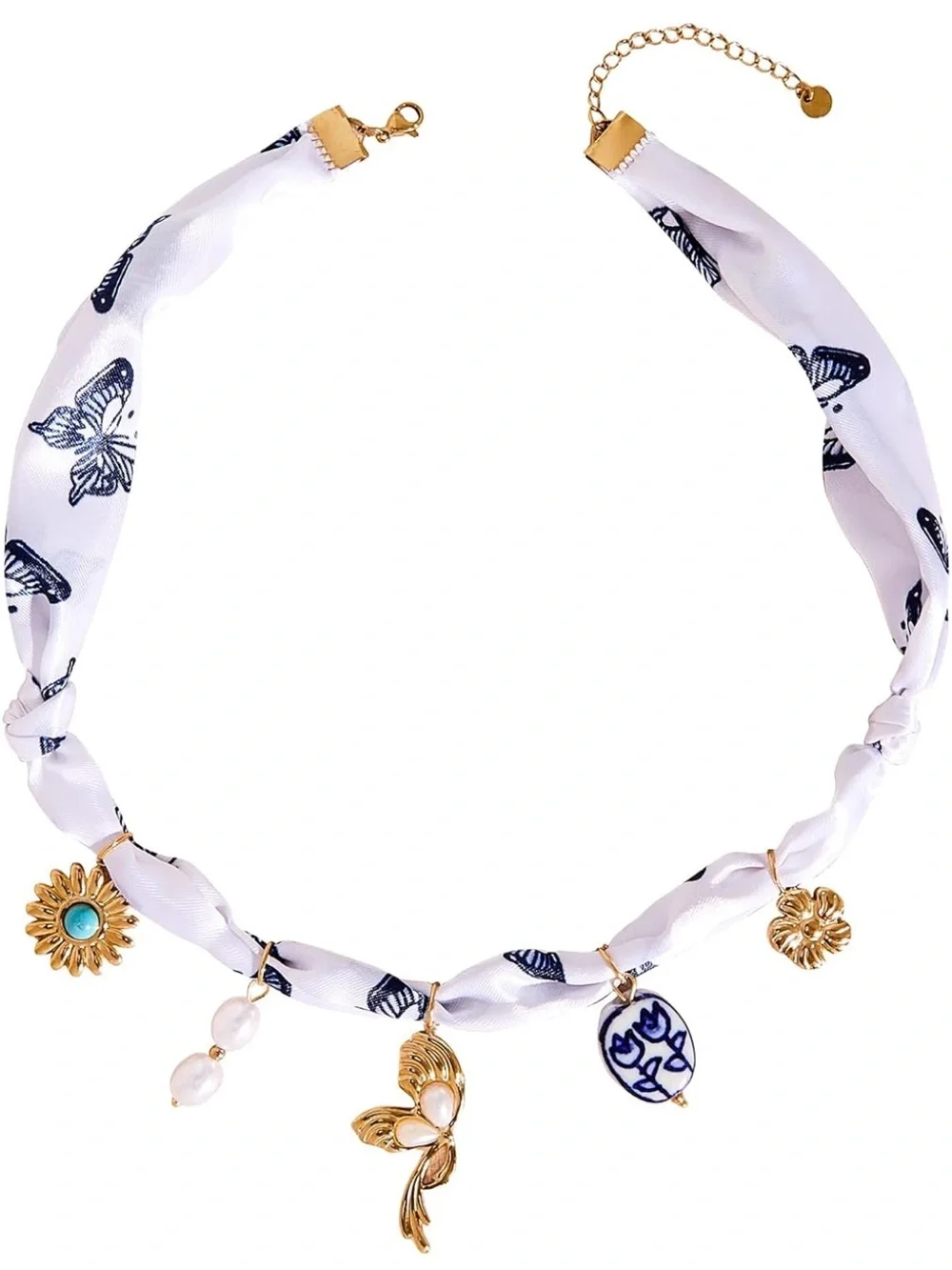 New Anthropologie White Scarf Necklace with Navy Butterfly Print & Gold Charms - Picture 2 of 5